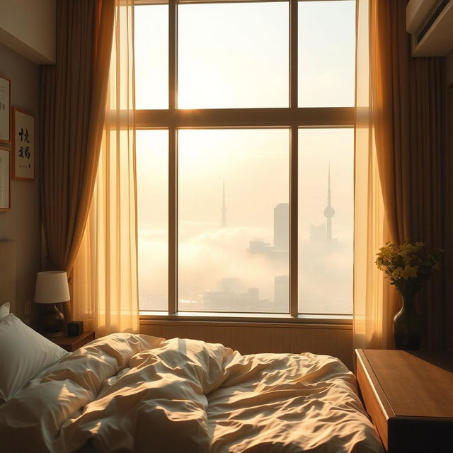 An image depicting a serene bedroom with a view of Tokyo in the morning