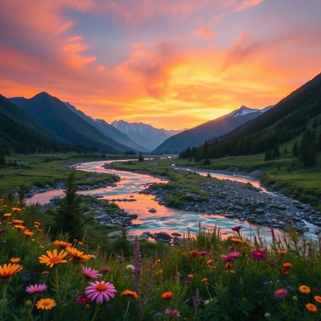 A beautiful landscape scene of the mountains at sunrise, with lush greenery and colorful wildflowers in the foreground