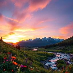 A beautiful landscape scene of the mountains at sunrise, with lush greenery and colorful wildflowers in the foreground
