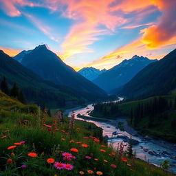 A beautiful landscape scene of the mountains at sunrise, with lush greenery and colorful wildflowers in the foreground