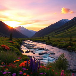 A beautiful landscape scene of the mountains at sunrise, with lush greenery and colorful wildflowers in the foreground