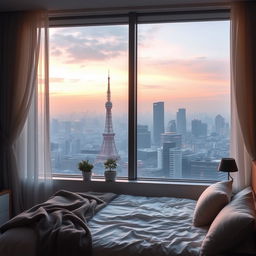 An image of a cozy bedroom with a breathtaking view of Tokyo in the morning