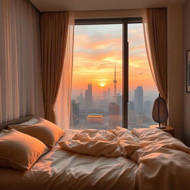 An image of a cozy bedroom with a breathtaking view of Tokyo in the morning