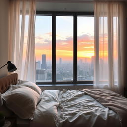 An image of a cozy bedroom with a breathtaking view of Tokyo in the morning
