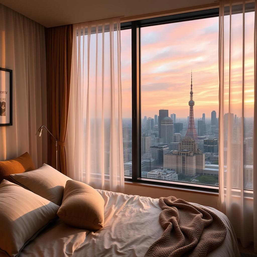 An image of a cozy bedroom with a breathtaking view of Tokyo in the morning