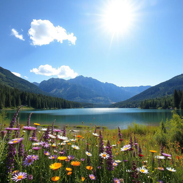 A clear image of a scenic landscape featuring a serene lake surrounded by lush green forests and majestic mountains in the background