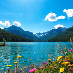 A clear image of a scenic landscape featuring a serene lake surrounded by lush green forests and majestic mountains in the background