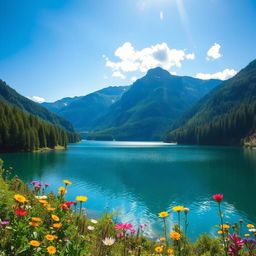 A clear image of a scenic landscape featuring a serene lake surrounded by lush green forests and majestic mountains in the background