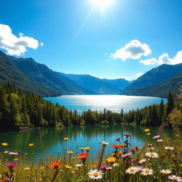 A clear image of a scenic landscape featuring a serene lake surrounded by lush green forests and majestic mountains in the background