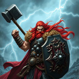 A powerful warrior with flowing red hair, wielding a mighty Thor's hammer in one hand and a sturdy shield in the other