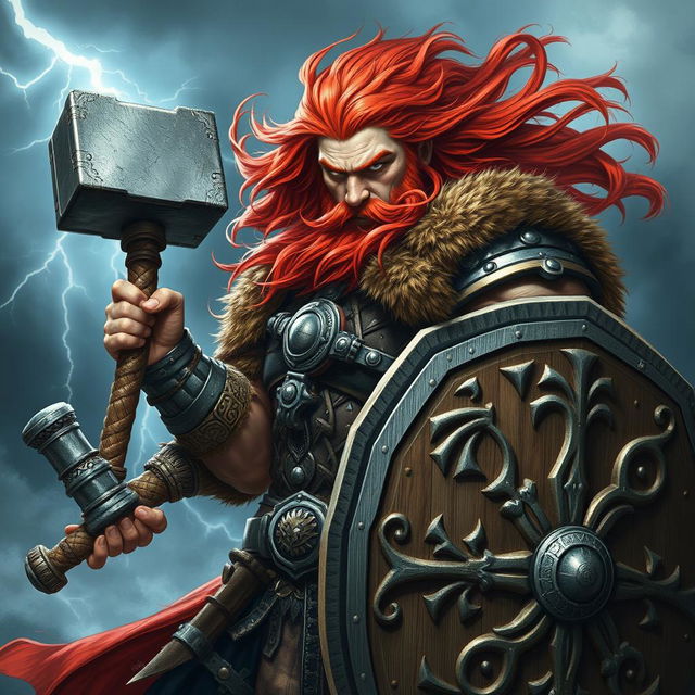 A powerful warrior with flowing red hair, wielding a mighty Thor's hammer in one hand and a sturdy shield in the other