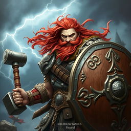 A powerful warrior with flowing red hair, wielding a mighty Thor's hammer in one hand and a sturdy shield in the other