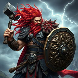A powerful warrior with flowing red hair, wielding a mighty Thor's hammer in one hand and a sturdy shield in the other