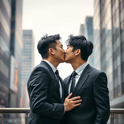 An intimate scene featuring two Japanese businessmen sharing a romantic kiss in a sophisticated urban setting