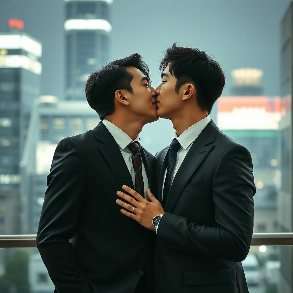 An intimate scene featuring two Japanese businessmen sharing a romantic kiss in a sophisticated urban setting