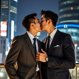 An intimate scene featuring two Japanese businessmen sharing a romantic kiss in a sophisticated urban setting