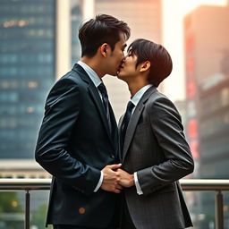 An intimate scene featuring two Japanese businessmen sharing a romantic kiss in a sophisticated urban setting