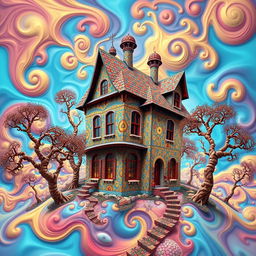 A surreal fractal art representation of a house built by drunk Russians, featuring intricate and whimsical patterns