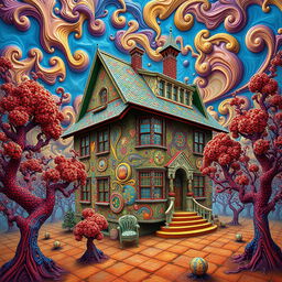 A surreal fractal art representation of a house built by drunk Russians, featuring intricate and whimsical patterns