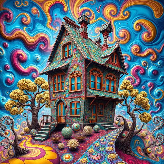 A surreal fractal art representation of a house built by drunk Russians, featuring intricate and whimsical patterns