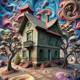 A surreal fractal art representation of a house built by drunk Russians, featuring intricate and whimsical patterns