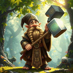 A whimsical dwarf cleric wielding a massive hammer, dressed in ornate, intricate robes adorned with celestial symbols, standing confidently in a vibrant, enchanted forest