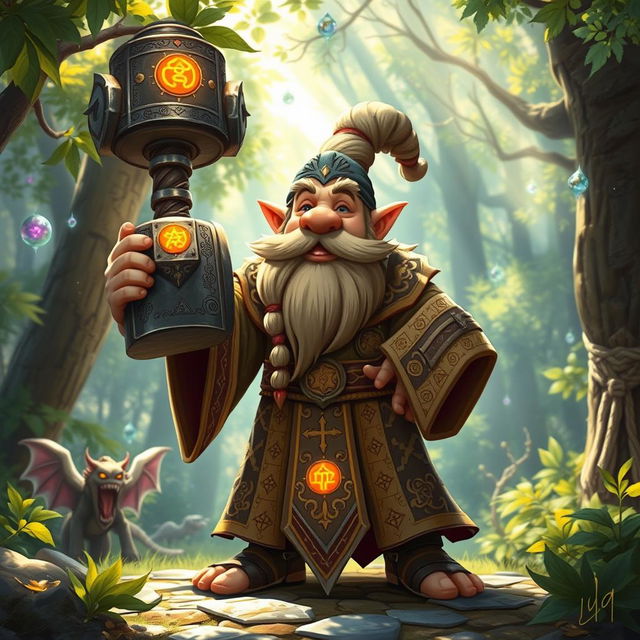 A whimsical dwarf cleric wielding a massive hammer, dressed in ornate, intricate robes adorned with celestial symbols, standing confidently in a vibrant, enchanted forest