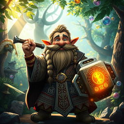 A whimsical dwarf cleric wielding a massive hammer, dressed in ornate, intricate robes adorned with celestial symbols, standing confidently in a vibrant, enchanted forest