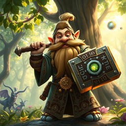 A whimsical dwarf cleric wielding a massive hammer, dressed in ornate, intricate robes adorned with celestial symbols, standing confidently in a vibrant, enchanted forest