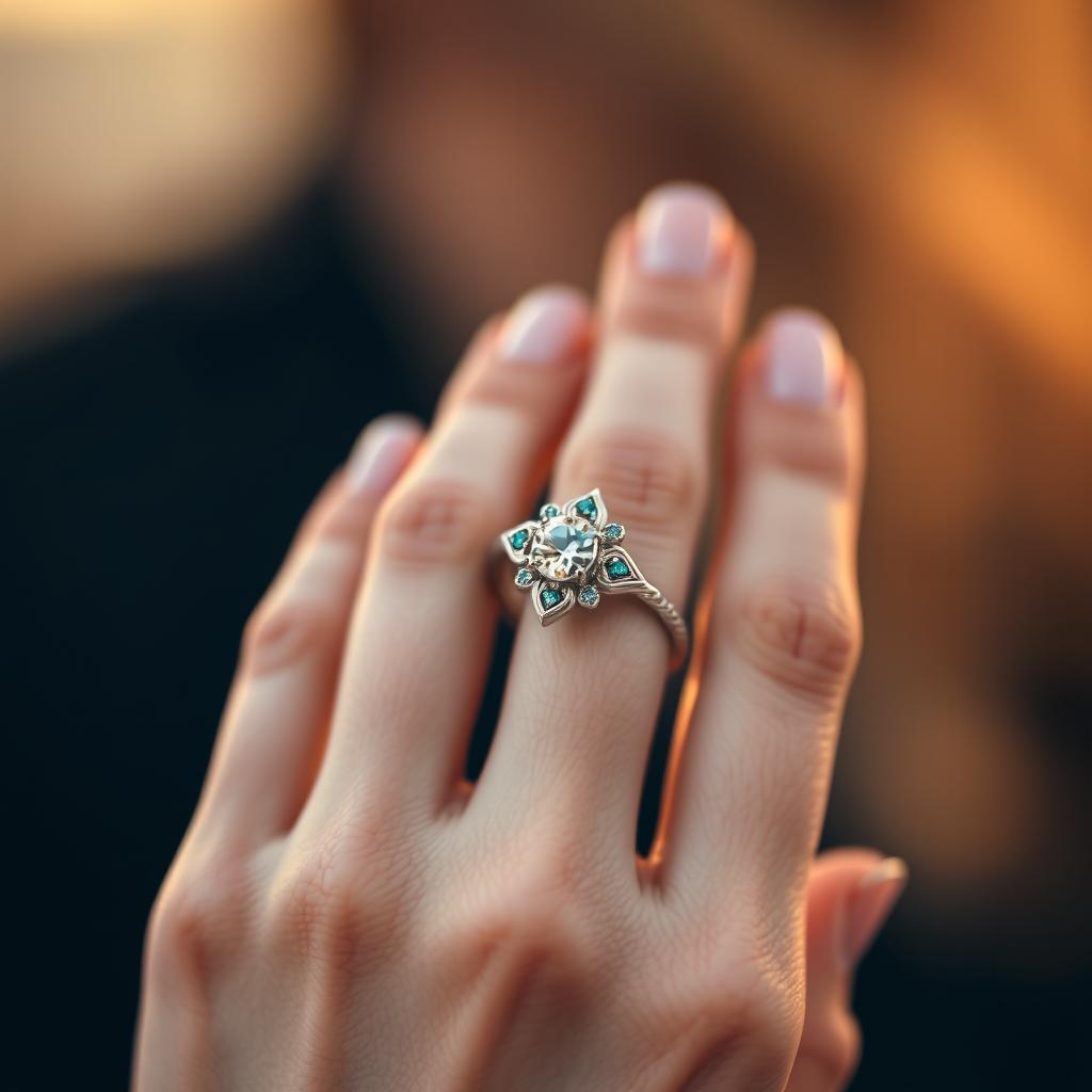 A close-up shot of a beautifully crafted promise ring on a ring finger