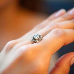 A close-up shot of a beautifully crafted promise ring on a ring finger