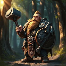 A stout dwarf cleric holding a large hammer, dressed in ornate armor adorned with holy symbols, standing proudly