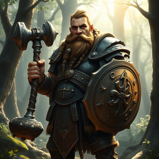 A stout dwarf cleric holding a large hammer, dressed in ornate armor adorned with holy symbols, standing proudly