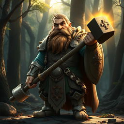 A stout dwarf cleric holding a large hammer, dressed in ornate armor adorned with holy symbols, standing proudly