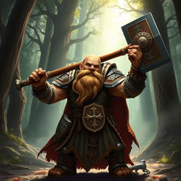 A stout dwarf cleric holding a large hammer, dressed in ornate armor adorned with holy symbols, standing proudly