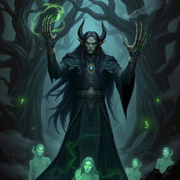 A powerful Black Elf necromancer standing in a dark enchanted forest