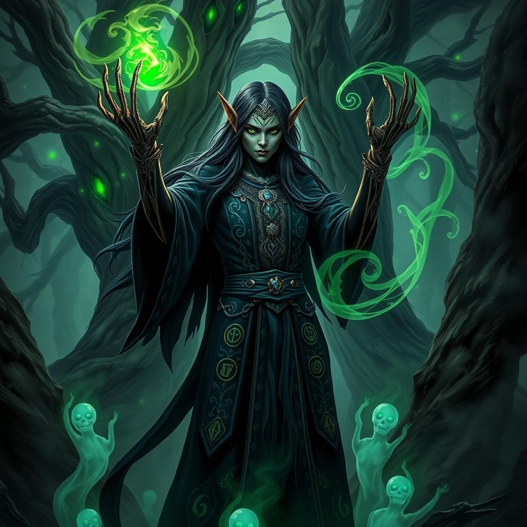 A powerful Black Elf necromancer standing in a dark enchanted forest