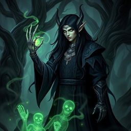 A powerful Black Elf necromancer standing in a dark enchanted forest