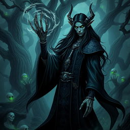 A powerful Black Elf necromancer standing in a dark enchanted forest