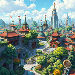 A vibrant, imaginative cityscape poster inspired by the aesthetic of manhwa featuring dungeons and gates, combined with elements of the garden city movement