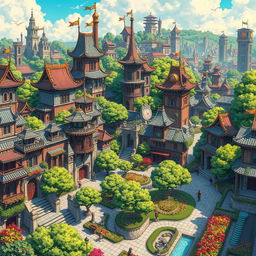A vibrant, imaginative cityscape poster inspired by the aesthetic of manhwa featuring dungeons and gates, combined with elements of the garden city movement