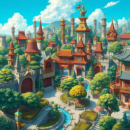 A vibrant, imaginative cityscape poster inspired by the aesthetic of manhwa featuring dungeons and gates, combined with elements of the garden city movement