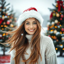 A beautiful young woman wearing a winter sweater, her long flowing hair billowing in the soft breeze, standing in a snowy landscape