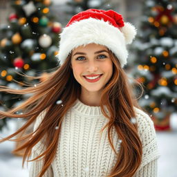 A beautiful young woman wearing a winter sweater, her long flowing hair billowing in the soft breeze, standing in a snowy landscape