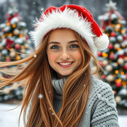 A beautiful young woman wearing a winter sweater, her long flowing hair billowing in the soft breeze, standing in a snowy landscape
