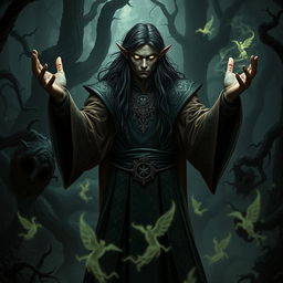 A dark-skinned male elf necromancer, dressed in elaborate mystical robes adorned with arcane symbols, standing in a shadowy forest