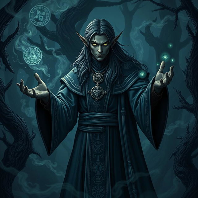 A dark-skinned male elf necromancer, dressed in elaborate mystical robes adorned with arcane symbols, standing in a shadowy forest