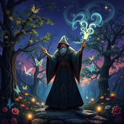 A fantastical scene inspired by a mage RPG, focusing on a powerful wizard in an ancient, enchanted forest