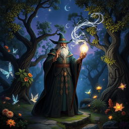 A fantastical scene inspired by a mage RPG, focusing on a powerful wizard in an ancient, enchanted forest