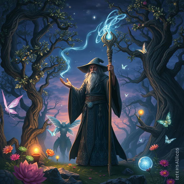 A fantastical scene inspired by a mage RPG, focusing on a powerful wizard in an ancient, enchanted forest